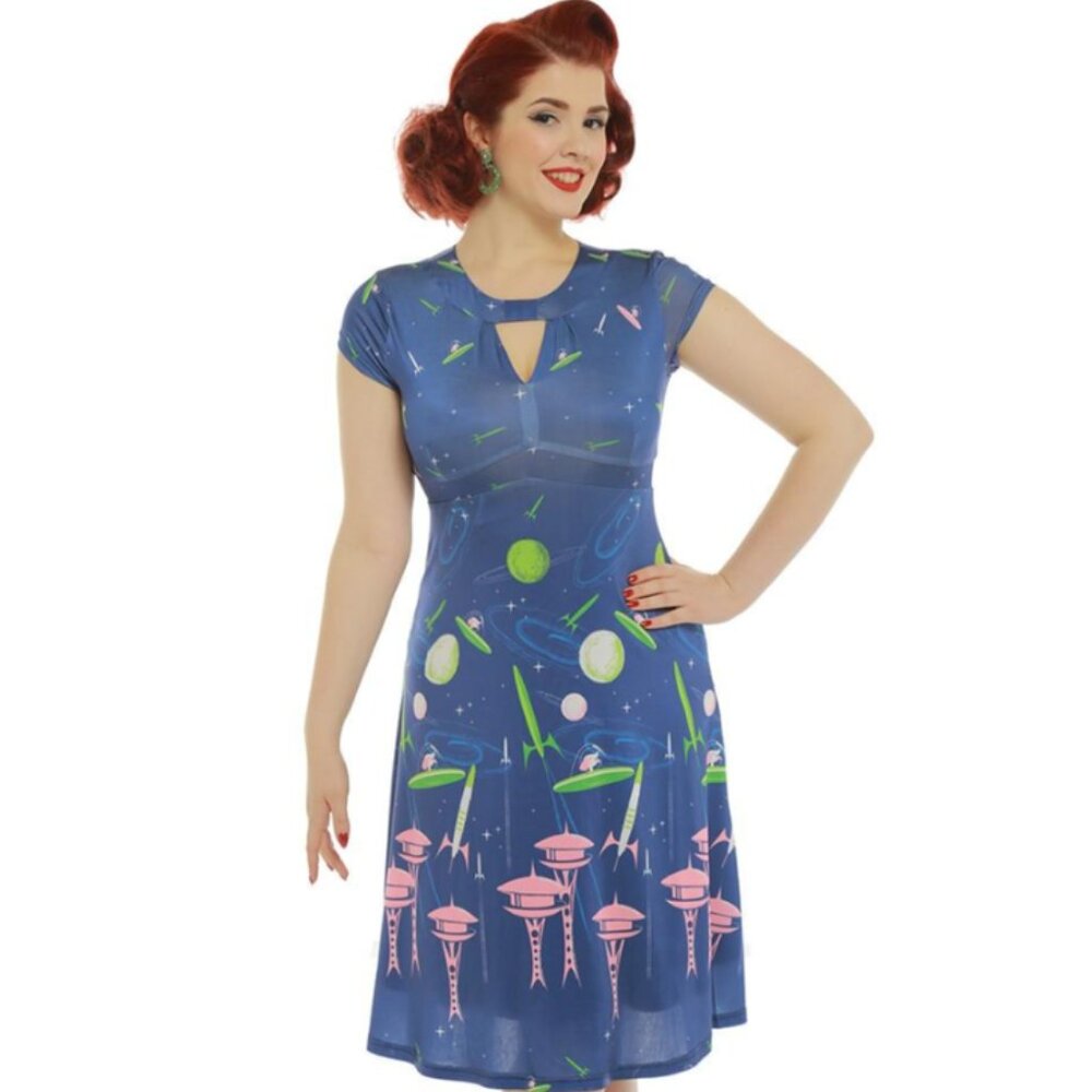 RARE Lindy Bop Juliet "Blue Space Dog" Retro Pinup Mod Dress, Size 16